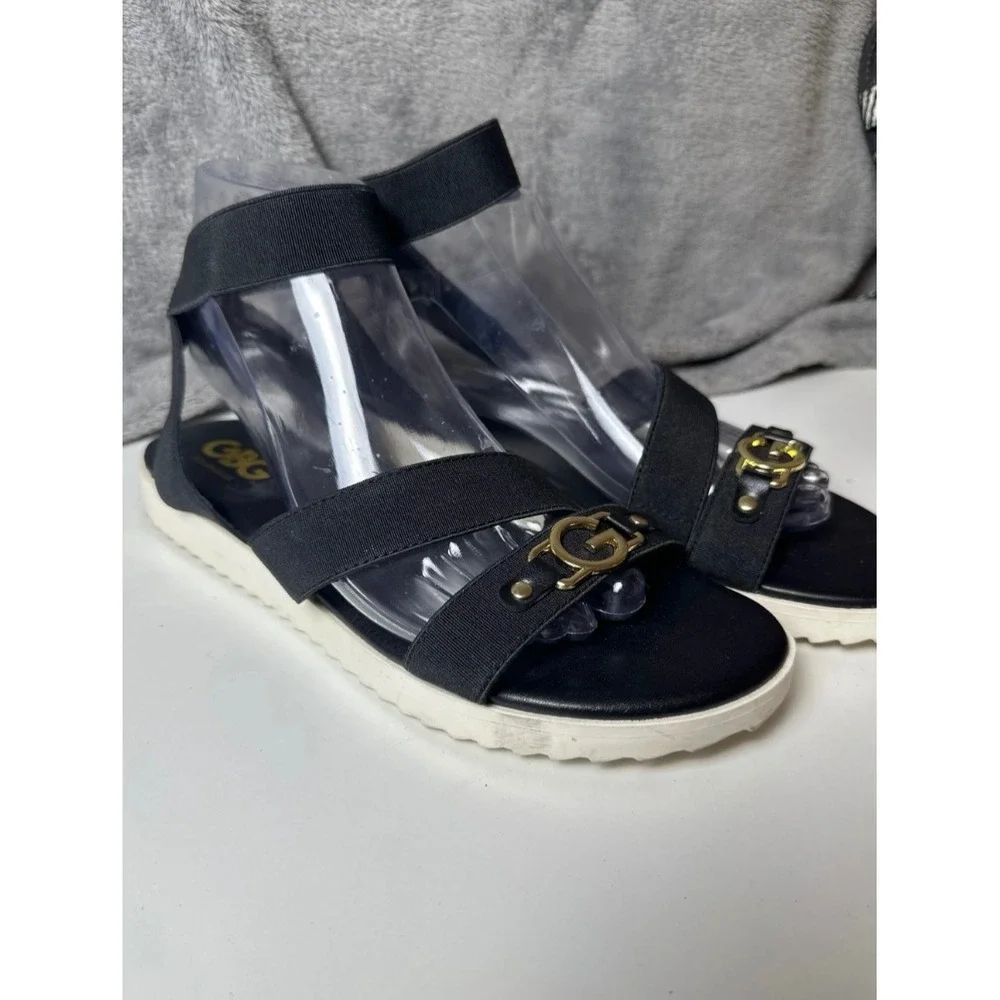 G by Guess GBG Black‎ Elastic Ankle Strap Sandals Wedges Gold Logo Accent 8.5